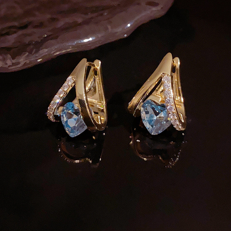 Temperament Geometry Heart shaped Zircon Ear Buckle Blue