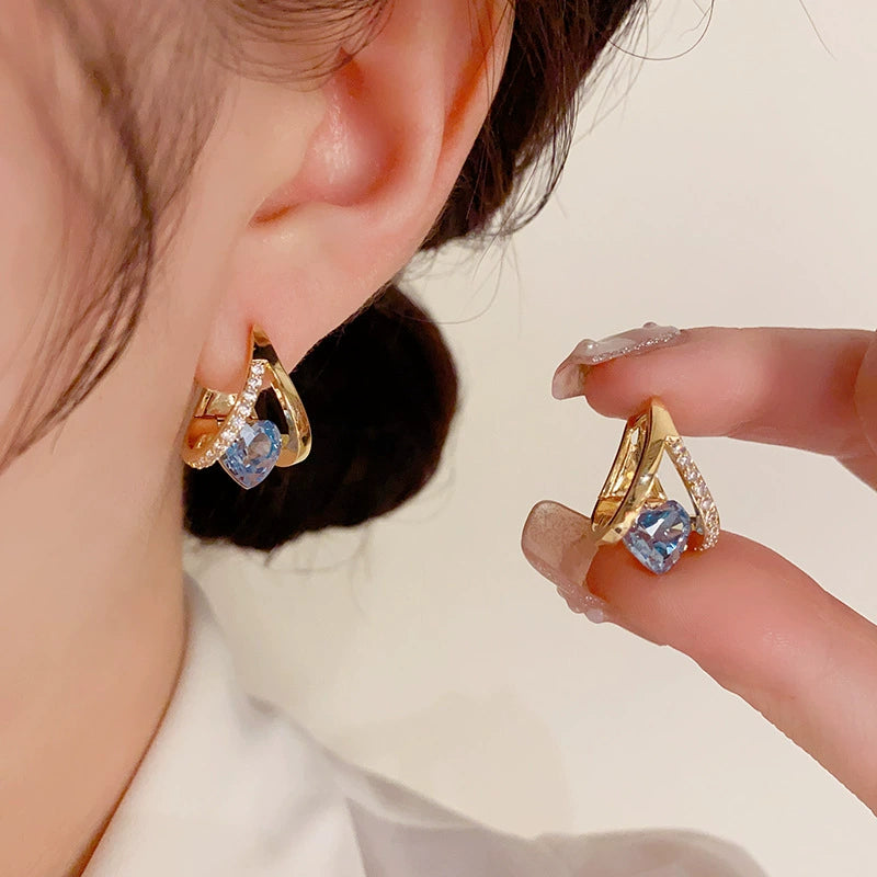 Temperament Geometry Heart shaped Zircon Ear Buckle Blue