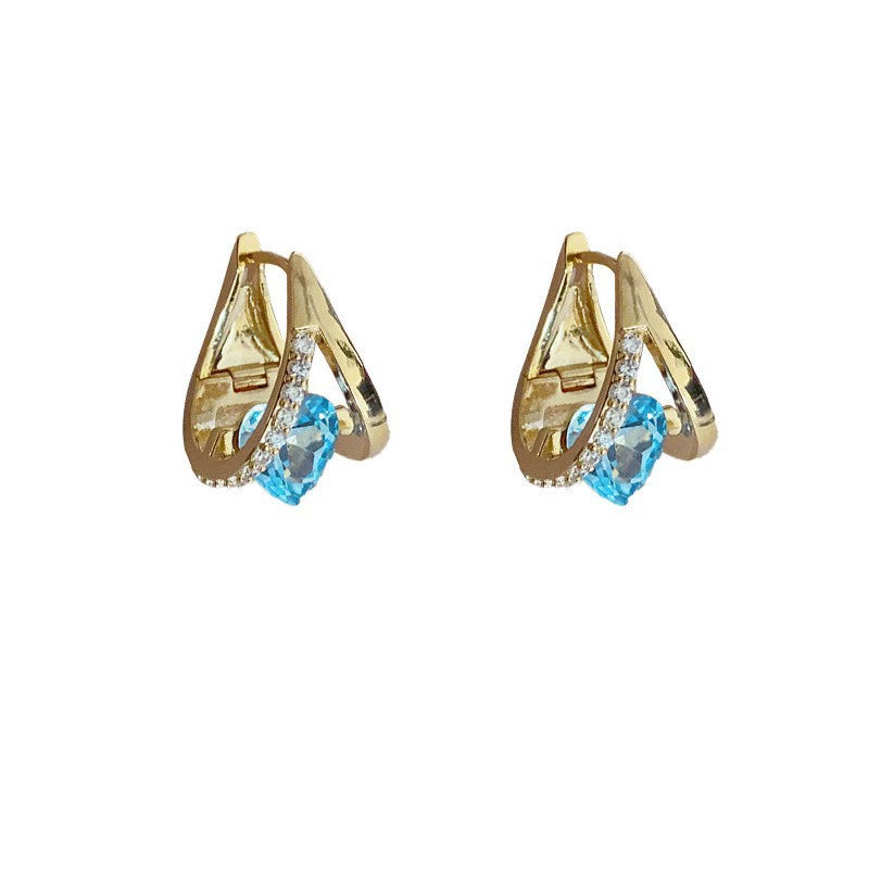 Temperament Geometry Heart shaped Zircon Ear Buckle Blue