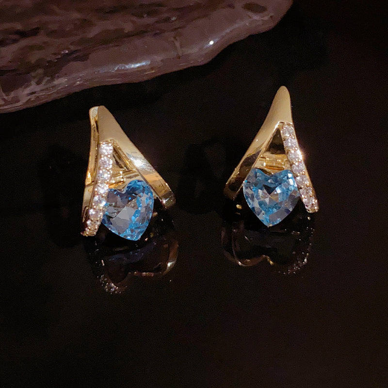 Temperament Geometry Heart shaped Zircon Ear Buckle Blue